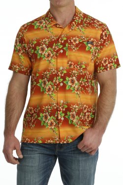 Cinch Orange Hawaiian Print Button Down Men's Shirt
