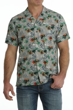 Cinch Grey Hawaiian Print Button Down Men's Shirt