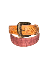 Load image into Gallery viewer, R. Watson Men&#39;s Rhubarb Nubuck Sueded Caiman Belt
